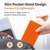 An orange silicone device stand is shown being held, highlighting its slim pocket-sized design for travel.