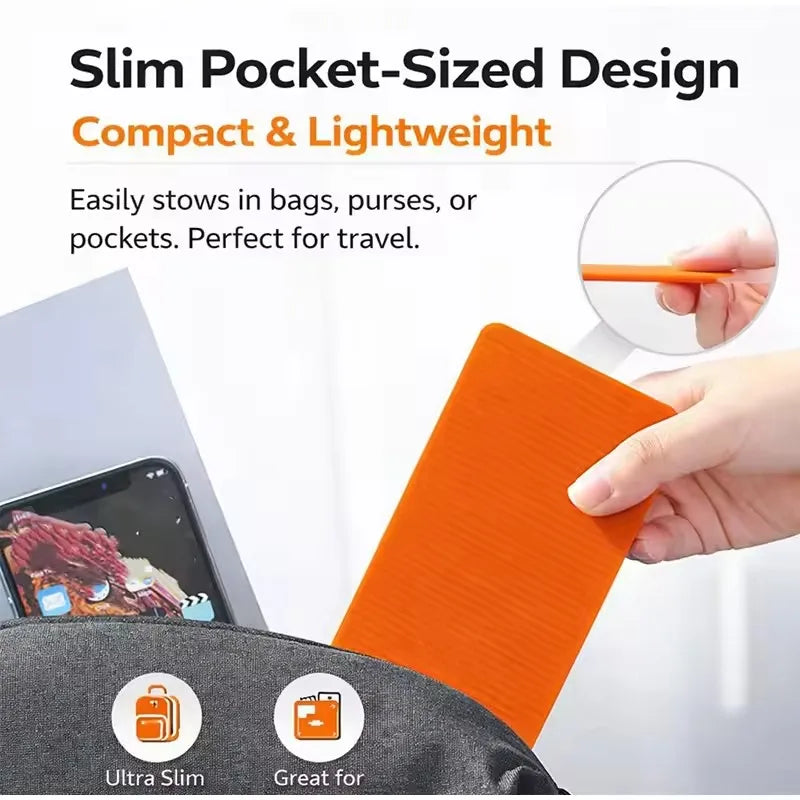 An orange silicone device stand is shown being held, highlighting its slim pocket-sized design for travel.