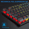 Close-up view of a mechanical feel suspension cap keyboard with floating keycaps and red backlighting