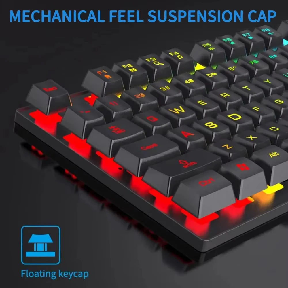 Close-up view of a mechanical feel suspension cap keyboard with floating keycaps and red backlighting