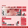 A set of red and black anime themed PBT keycaps for a mechanical keyboard, showing various layouts and colors.