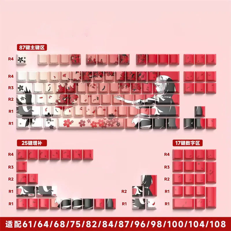 A set of red and black anime themed PBT keycaps for a mechanical keyboard, showing various layouts and colors.