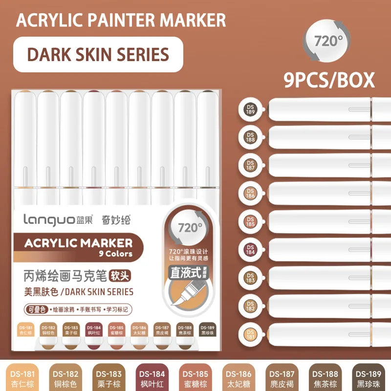 A box of Languo Acrylic Paint Markers Dark Skin Series featuring 9 colors for drawing and art