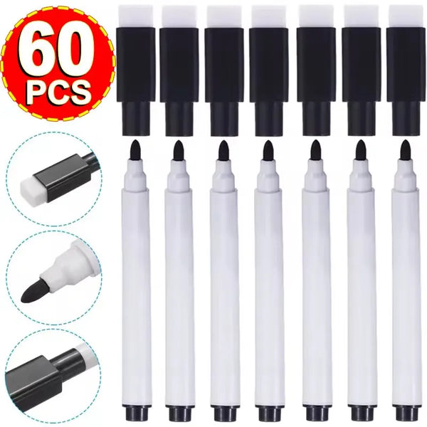 A set of sixty dry erase markers with felt erasers shown in various orientations.