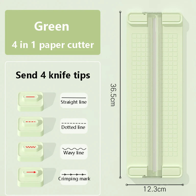 Green 4 in 1 paper cutter with interchangeable knife tips for various cutting lines