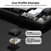 Close-up view of low profile keycaps and MX-stem switches on a keyboard, highlighting the slim design.