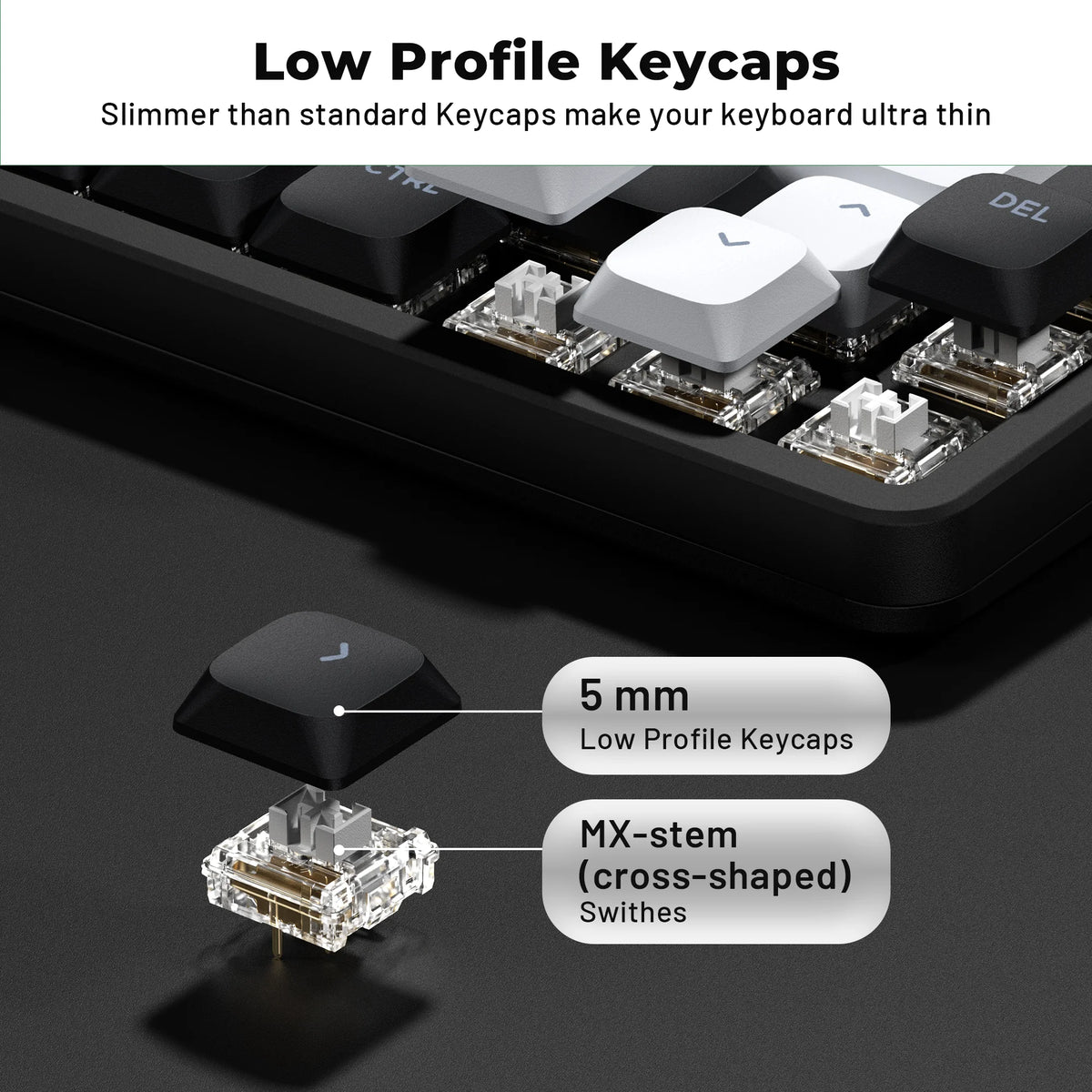 Close-up view of low profile keycaps and MX-stem switches on a keyboard, highlighting the slim design.