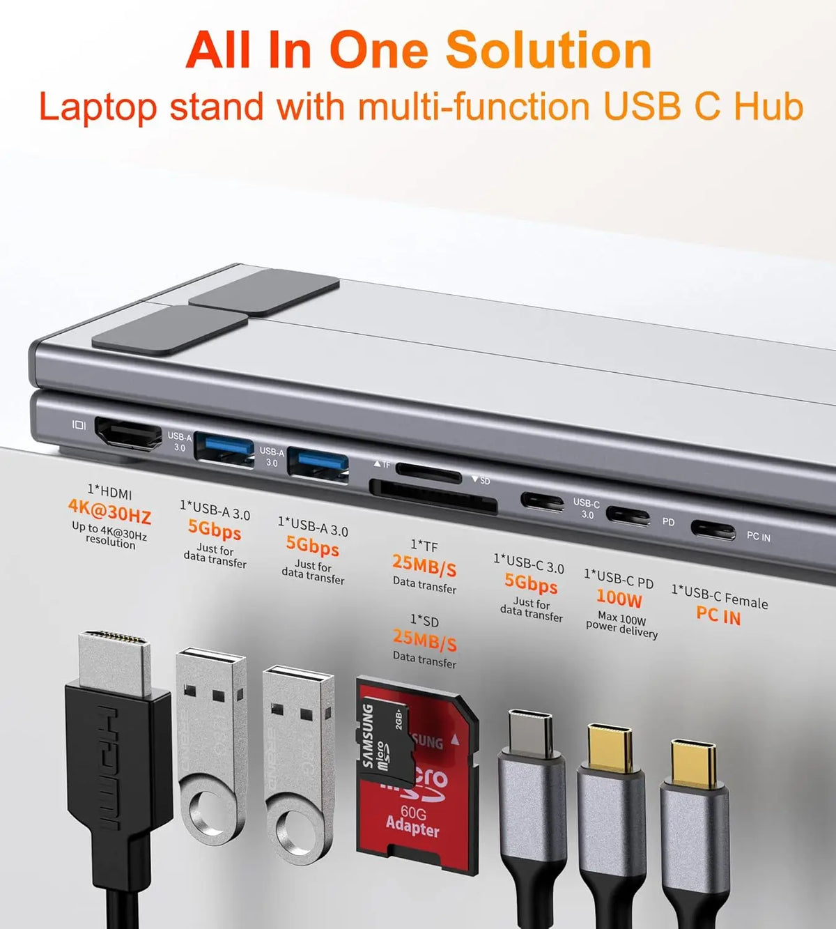 A laptop stand featuring a multi-function USB C Hub with various ports including HDMI, USB-A, and power delivery options.