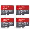 Vier SanDisk Ultra Speicherkarten in verschiedenen Kapazitäten: 64 GB, 128 GB, 256 GB und 512 GB.