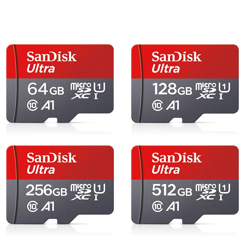 Vier SanDisk Ultra Speicherkarten in verschiedenen Kapazitäten: 64 GB, 128 GB, 256 GB und 512 GB.