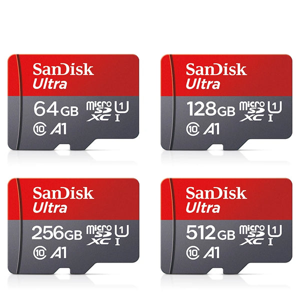 Quatre cartes mémoire SanDisk Ultra de différentes capacités : 64 Go, 128 Go, 256 Go et 512 Go.