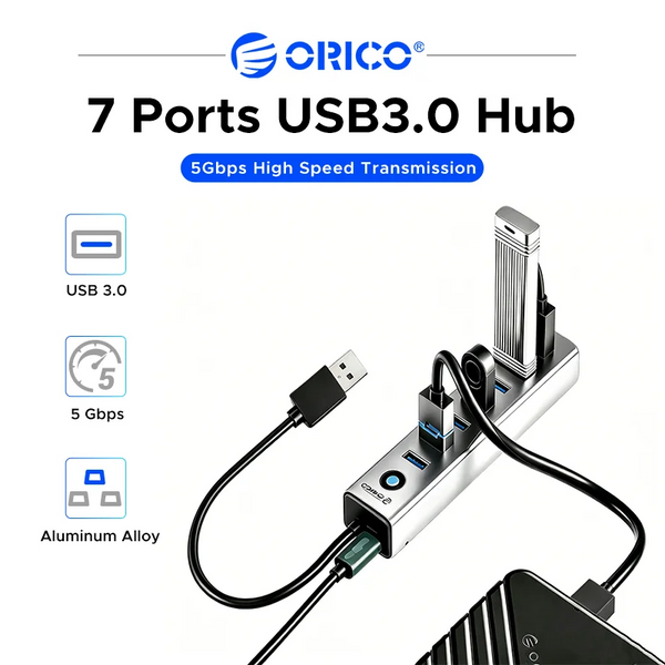 A silver USB 3.0 hub with seven ports and an aluminum alloy shell connected to a device.