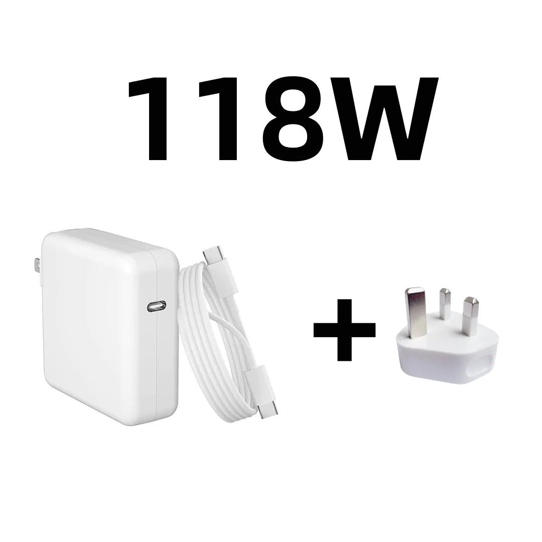 محول طاقة عالمي أبيض USB-C مع كابل وقابس حائطي.
