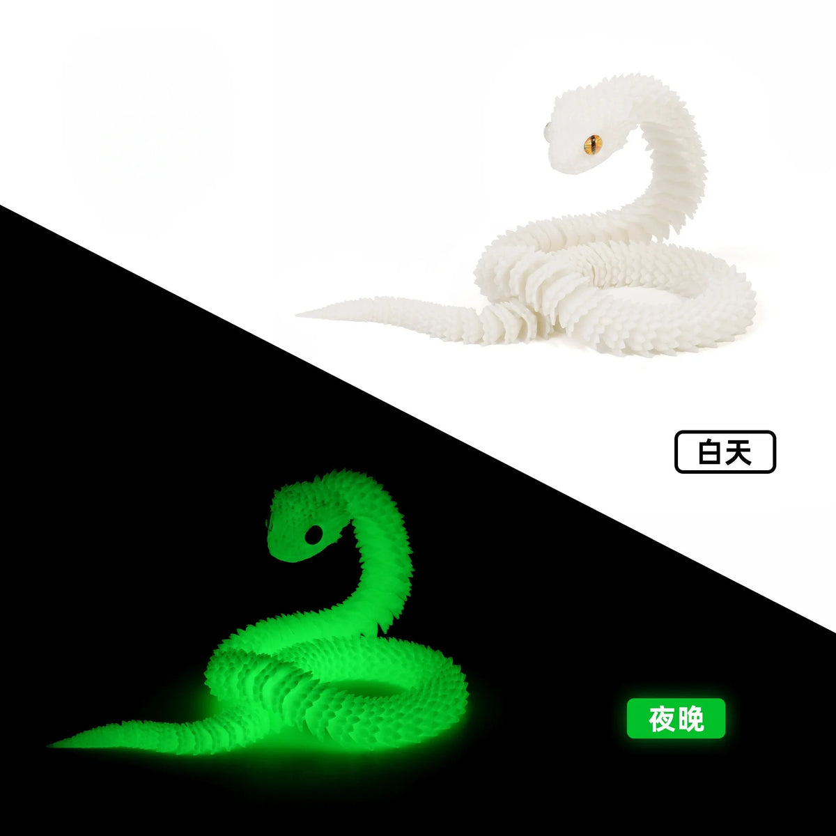 A white, articulated 3D printed snake figurine shown in daylight and nighttime settings.