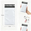 A white self-adhesive courier mailer bag is shown next to a hand, with dimensions marked.