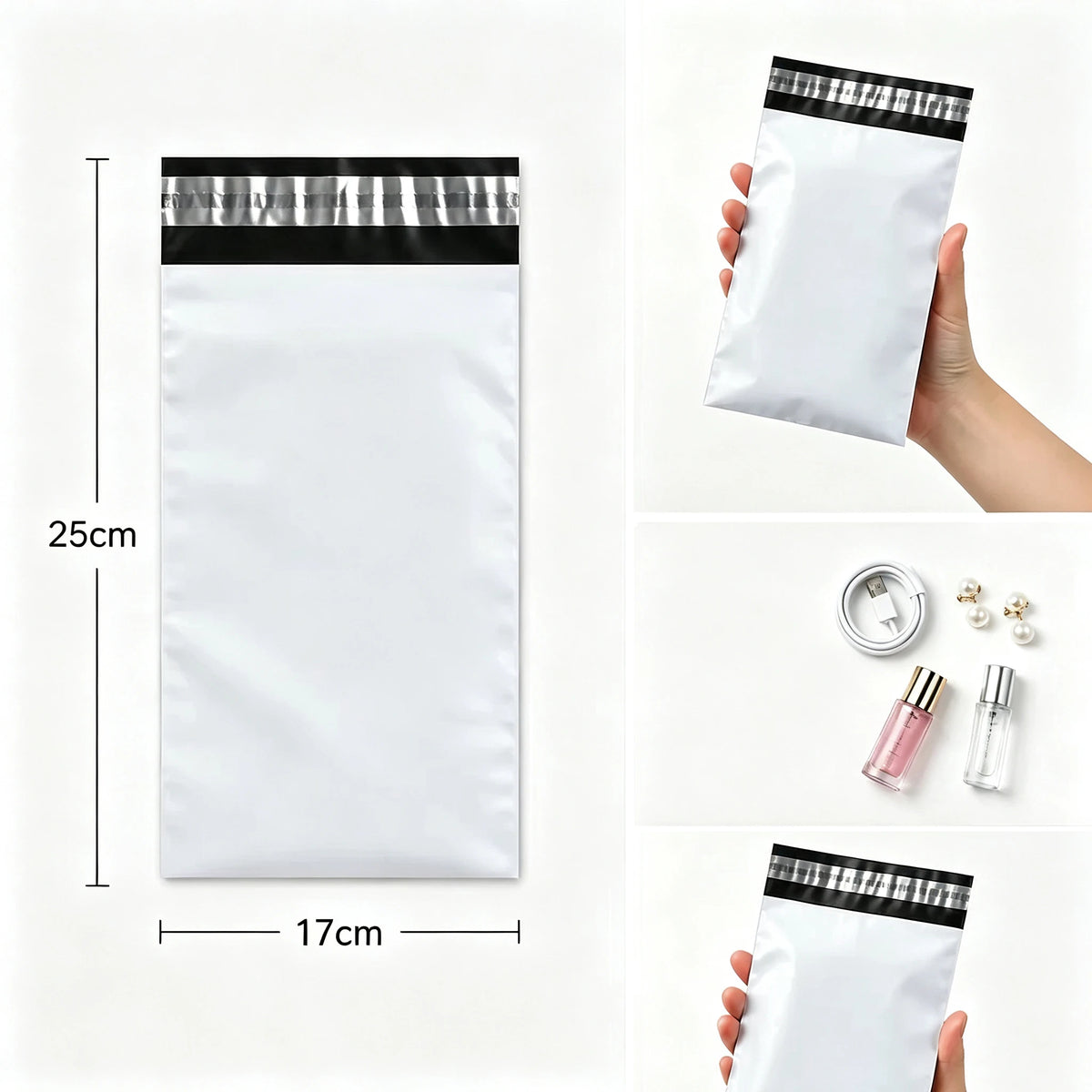 A white self-adhesive courier mailer bag is shown next to a hand, with dimensions marked.