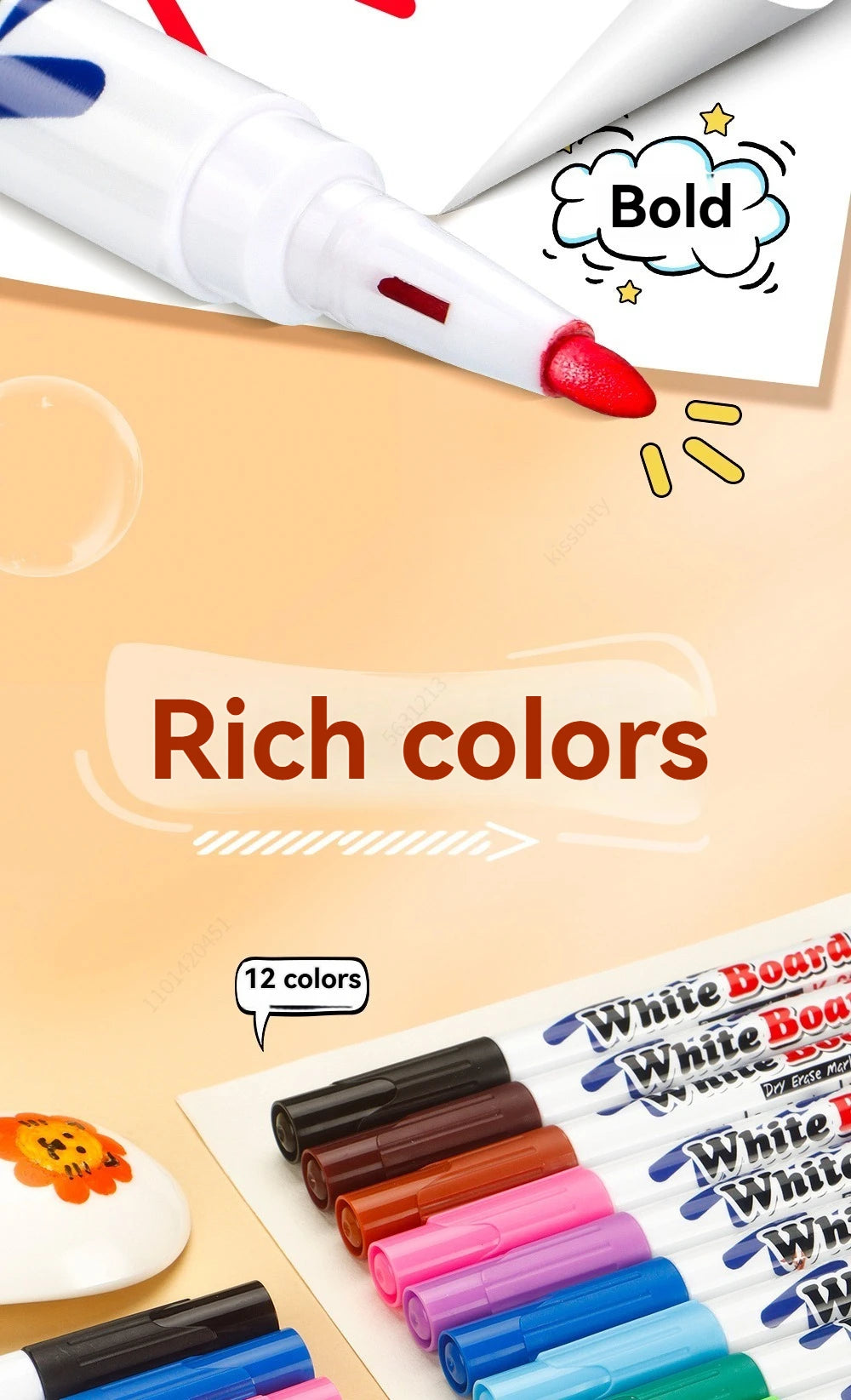 Un juego de marcadores reutilizables borrables en varios colores junto a una pizarra blanca.