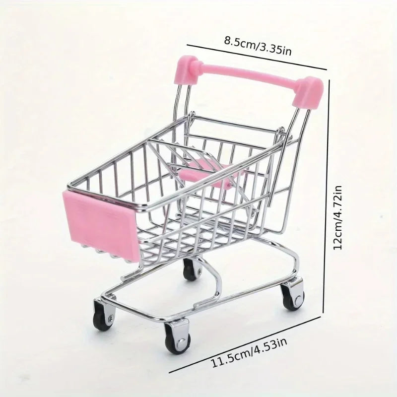 Silver shopping cart with pink handle and tray for desktop organization