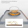 A close-up view of a keyboard case demonstrating 360 degree rotation and 120 degree angle adjustment for an iPad.