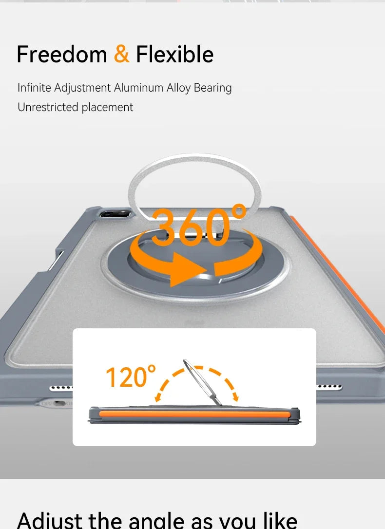 A close-up view of a keyboard case demonstrating 360 degree rotation and 120 degree angle adjustment for an iPad.