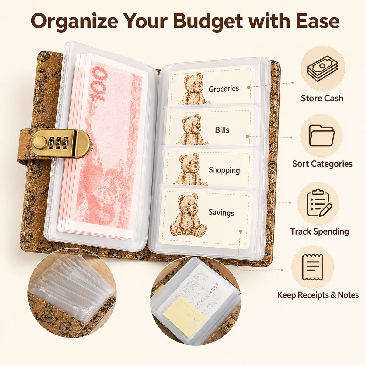 Carnet de budget en plastique transparent avec sections pour espèces, factures, achats, épargne et reçus, avec des dessins de