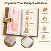A clear plastic budget notebook with various sections for cash, bills, shopping, savings, and receipts, featuring cute bear i