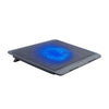 A black laptop cooling pad with an integrated blue LED fan visible from above.
