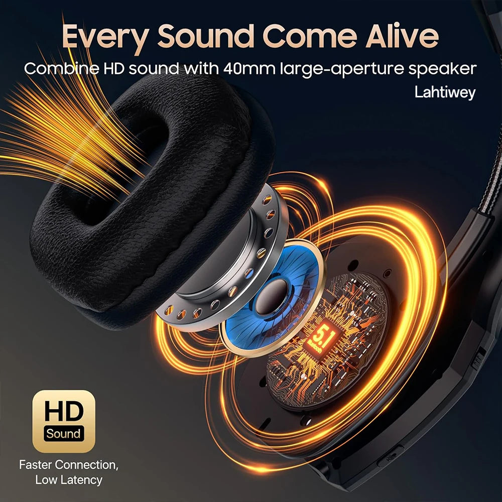 Close-up of a black Bluetooth headset featuring a large-aperture speaker and HD sound technology.