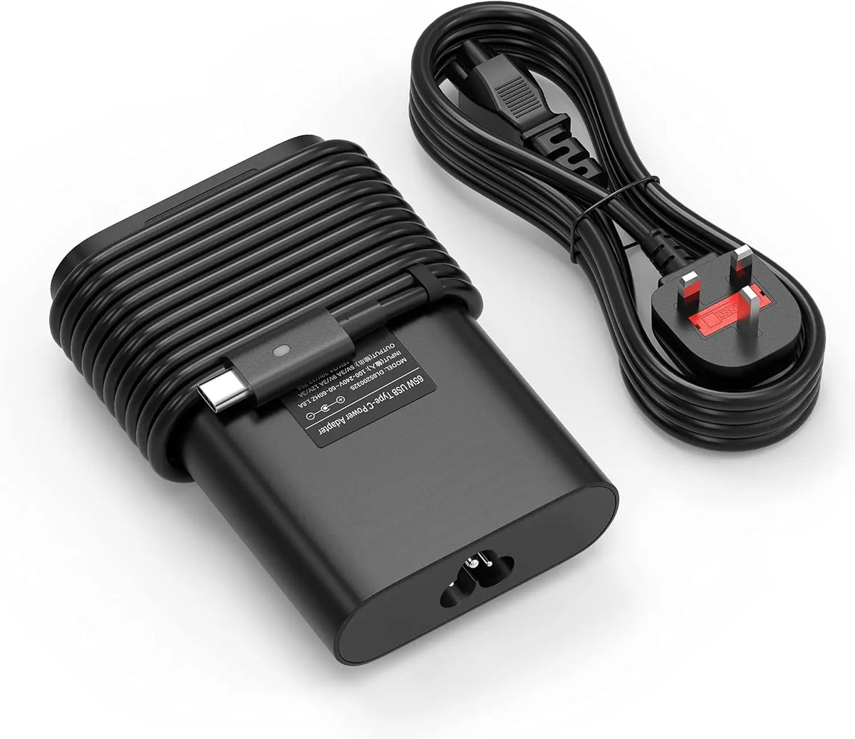 Adaptador de corriente USB Tipo-C negro de 65W para laptop con cable enrollado sobre fondo blanco.