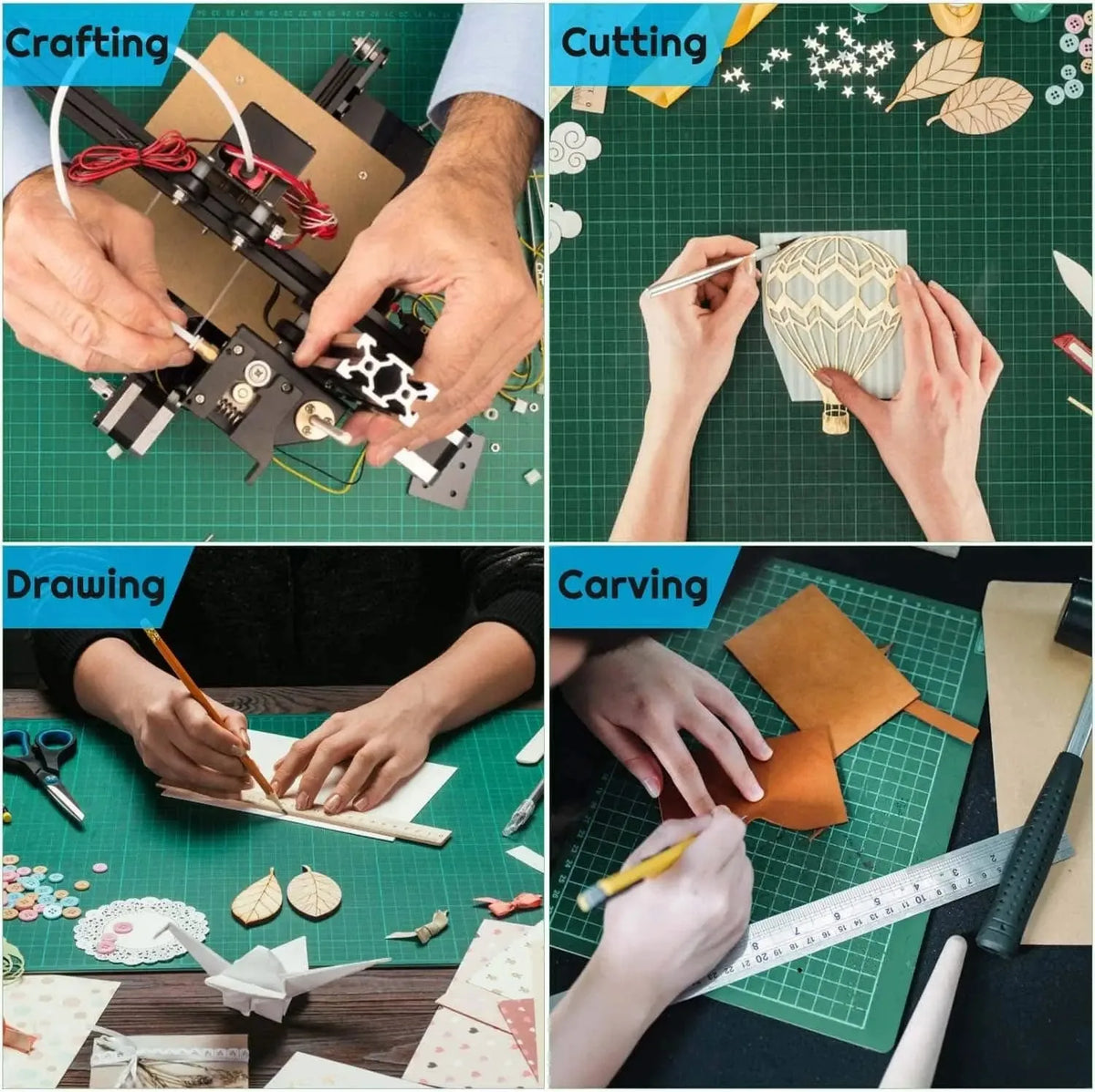 Hands demonstrate various crafting techniques including cutting, drawing, and carving on a green mat.
