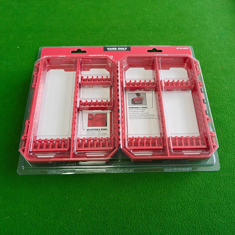 A clear plastic case containing multiple red impact driver accessory storage trays.
