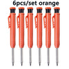 A set of six orange precision mechanical drawing pencils.