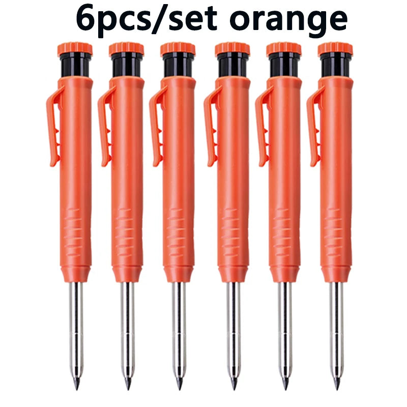 A set of six orange precision mechanical drawing pencils.