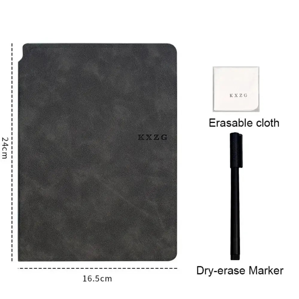 A dark gray erasable cloth and a black dry-erase marker are shown with dimensions.