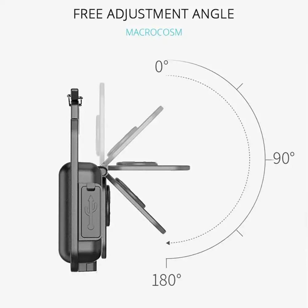 A compact flashlight with a magnetic base is shown demonstrating a free adjustment angle from 0 to 180 degrees.