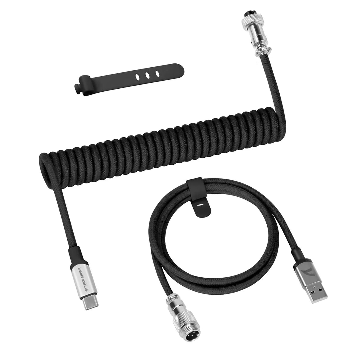 كابل شحن متين ملفوف USB-C أسود للوحات المفاتيح الميكانيكية