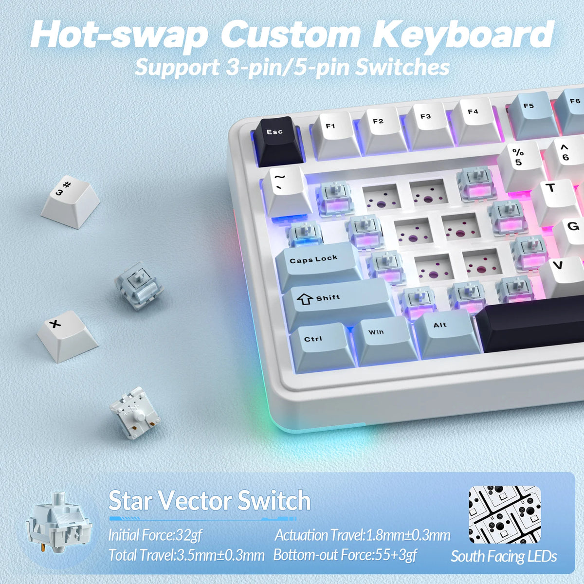 A white hot-swap custom keyboard is shown with various switch components and LEDs.