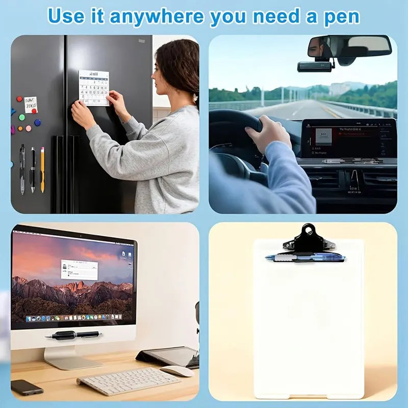 A self-adhesive silicone pen holder is shown in various contexts: on a refrigerator, in a car, and on a desk.