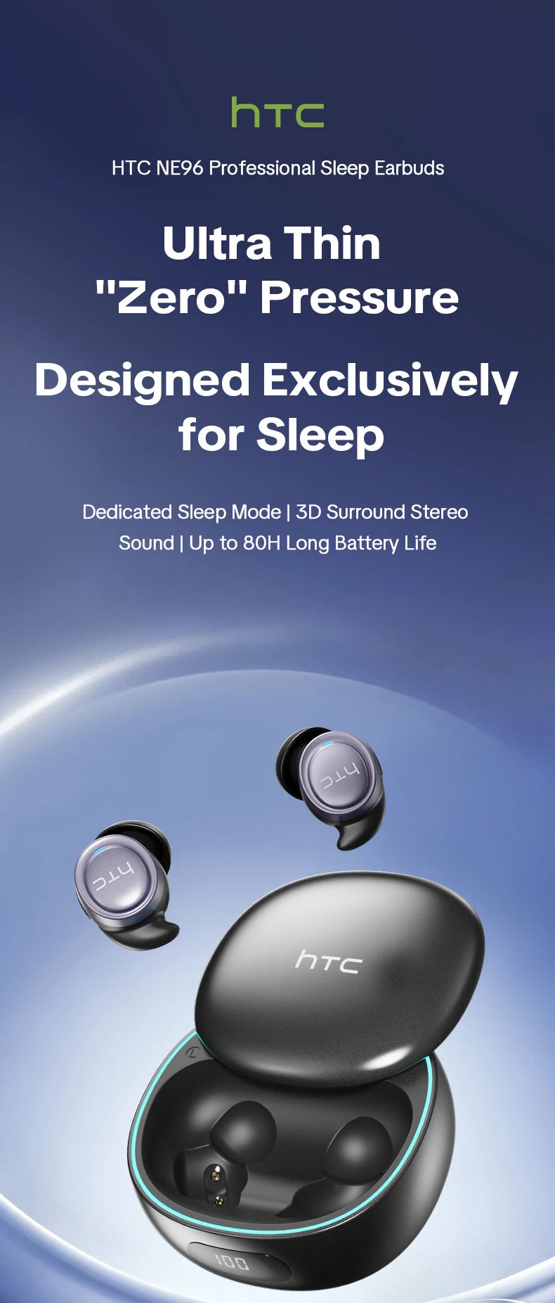 A pair of HTC NE96 professional sleep earbuds shown next to their charging case.