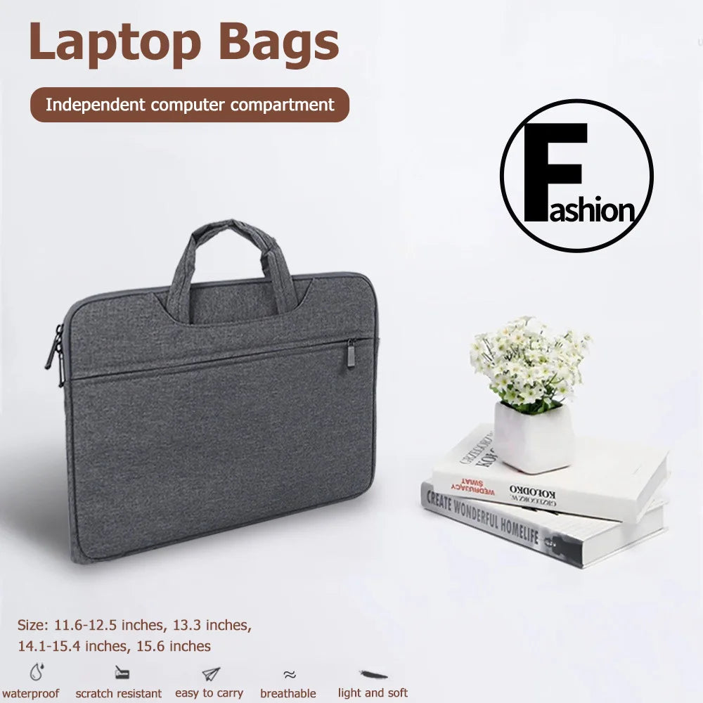 A gray laptop bag featuring an independent computer compartment, shown next to a potted white flower and a stack of books.