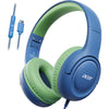 A pair of blue and green wired headphones with a volume limiter and detachable cable connector.