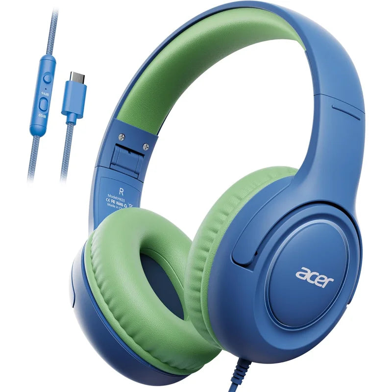 A pair of blue and green wired headphones with a volume limiter and detachable cable connector.