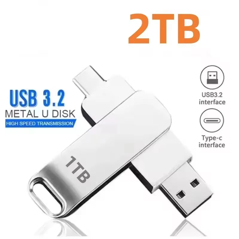 Silver USB 3.2 Metal U disk with a Type-C interface and 1TB storage capacity.