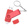 A red flash drive with a metal body and a keyring attached.