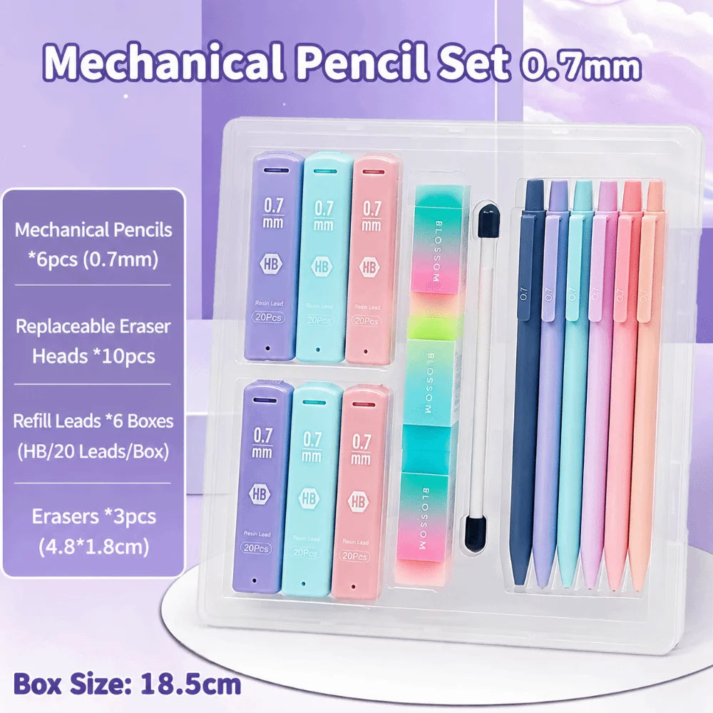 A clear box containing a mechanical pencil set with 6 pencils, 10 erasers, and 6 refill leads.