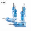 Several blue Dr. pen microneedling cartridges and a single cartridge are displayed on a white background.