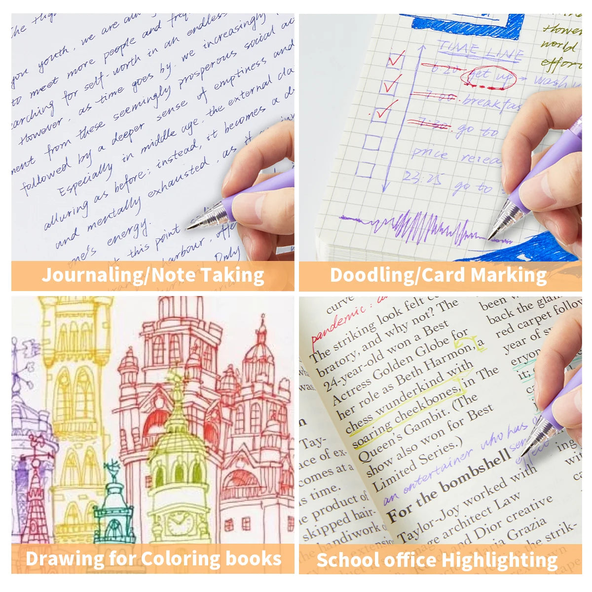 A collection of various art and journaling activities including note taking, drawing for coloring books, and school office hi