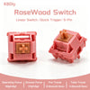 A pink RoseWood Switch linear mechanical keyboard switch shown in two views with operating force and travel specifications.