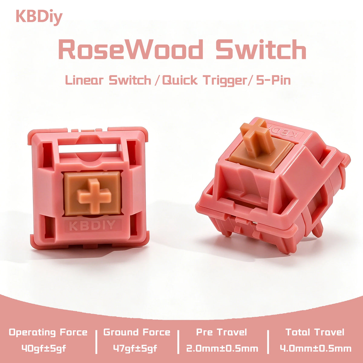 A pink RoseWood Switch linear mechanical keyboard switch shown in two views with operating force and travel specifications.