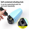 A hand is shown using a self-contained refueling hole on a light blue roller stamp to replenish ink.